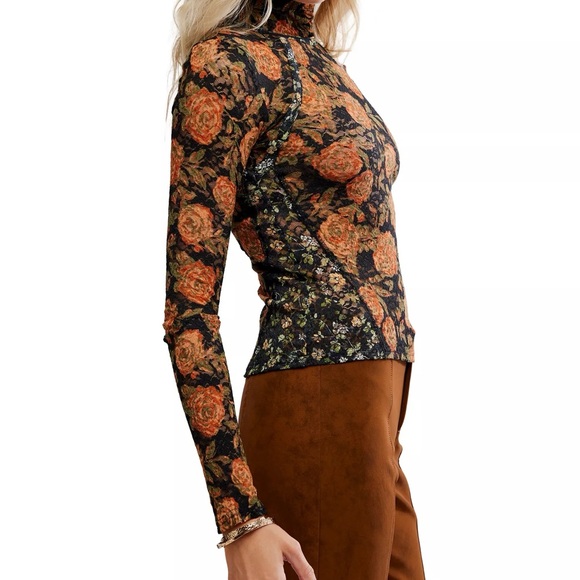 Free People Lyric Floral Mesh Mock Neck Top NWT Medium Sheer Fitted Long Sleeve - Picture 6 of 9
